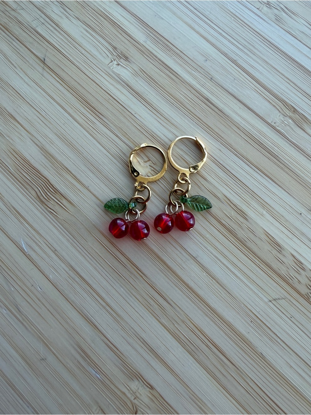 Gold Cherry Dangle Hoop Earrings - Red & Green